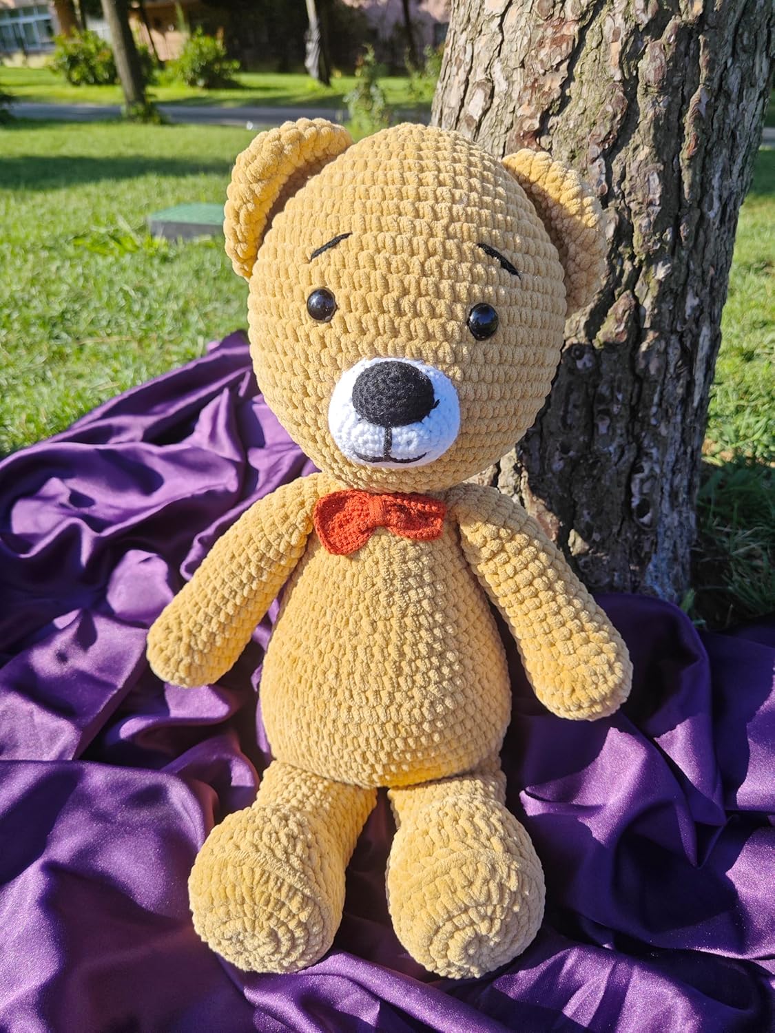 Handmade Crochet Plush Bear Toy Soft Brown Teddy with Bow Tie