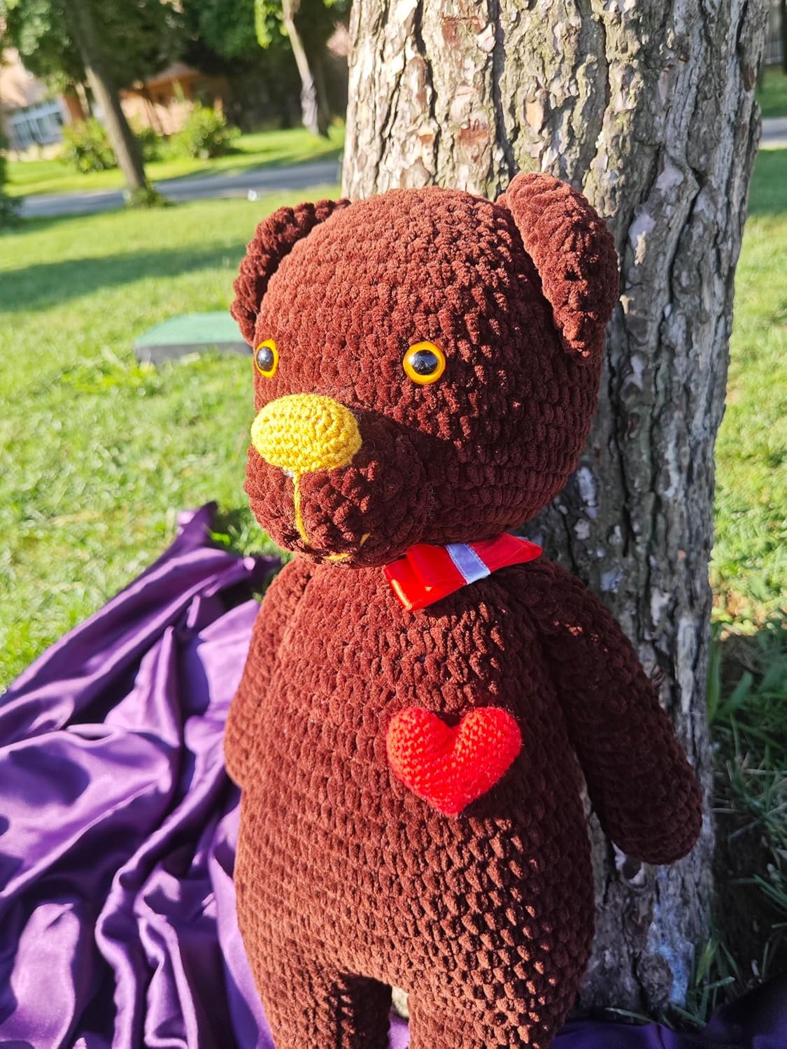 Handmade Crochet Teddy Bear - Brown Plush Toy with Heart and Ribbon 1