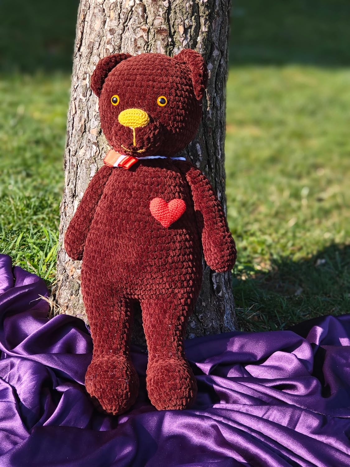 Handmade Crochet Teddy Bear - Brown Plush Toy with Heart and Ribbon 1