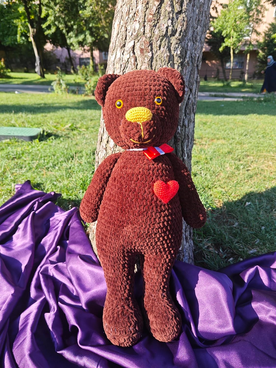 Handmade Crochet Teddy Bear - Brown Plush Toy with Heart and Ribbon 1