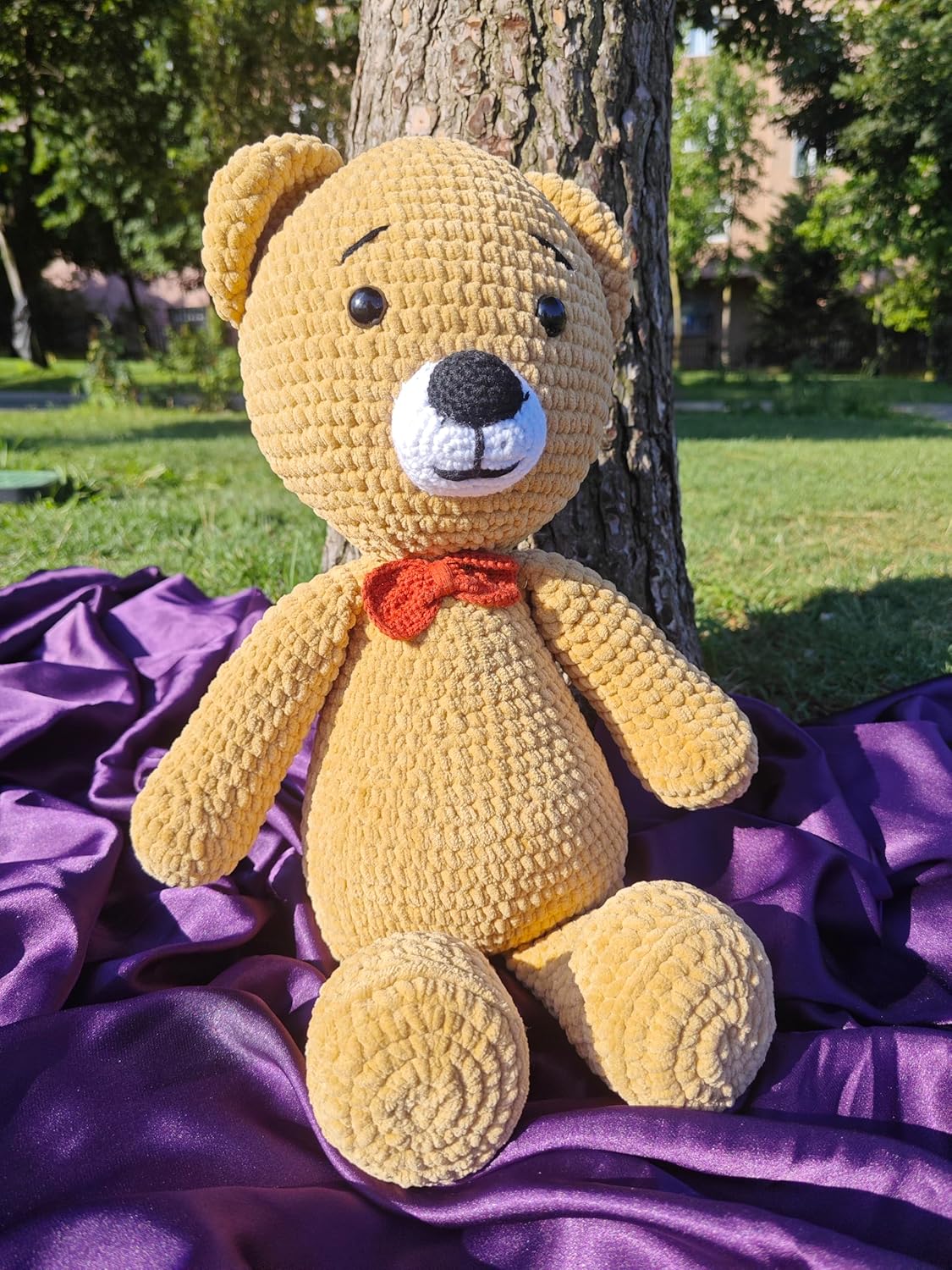 Handmade Crochet Plush Bear Toy Soft Brown Teddy with Bow Tie